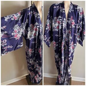 Vintage Japanese Cotton Kimono Navy Floral Pagoda Print Made in Japan